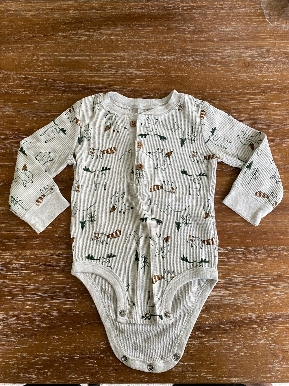 Carter’s 12 Month Cream Fox-Print Ribbed Long-Sleeve One-Piece Bodysuit